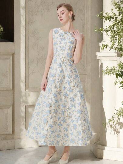 ชุดราตรีหรูหรา สตรี แบบไม่มีแขน เนื้อผ้าแจ็คการ์ด สำหรับงานปาร์ตี้ ชุดแขกงานแต่งงาน ชุดปรอม