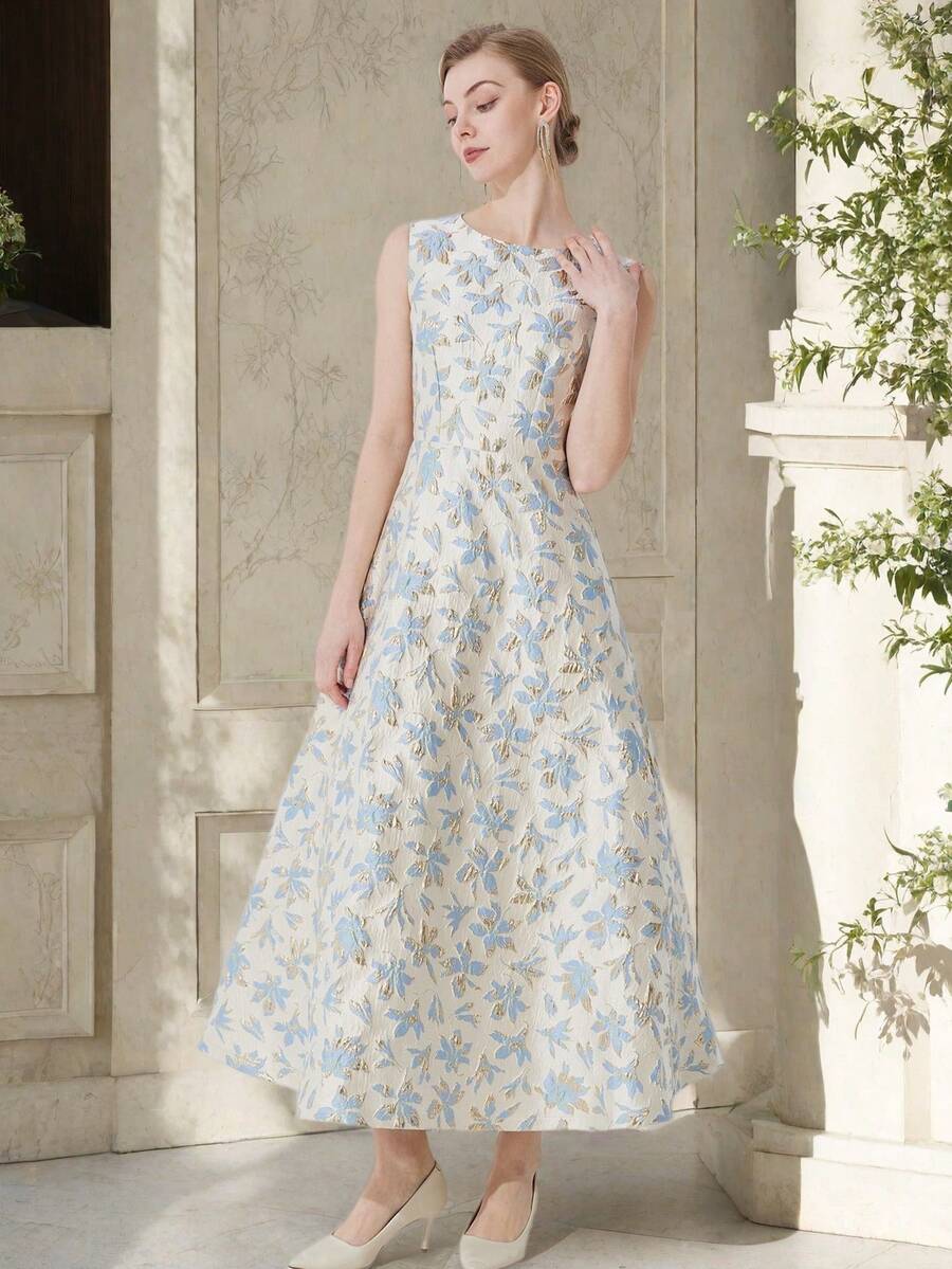 Luxury Jacquard Weave Sleeveless Party Dress For Women, Wedding Guest Dress, Prom Dress