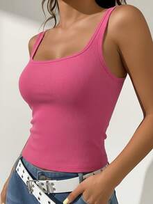 1 pièce Débardeur matelassé minimaliste et décontracté pour femme, top tricoté sans manches de couleur unie à col carré, rose vif - Rose vif - Voir 2