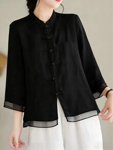 Loose Retro Chinese Style Three-Quarter Sleeve Patchwork Design Shirt Black - Black - View 3