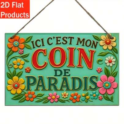 1pc 2D Decorative Plaque & Ornament, French Text "This Is My Corner Of Paradise", Colorful Floral Design With Green Leaves