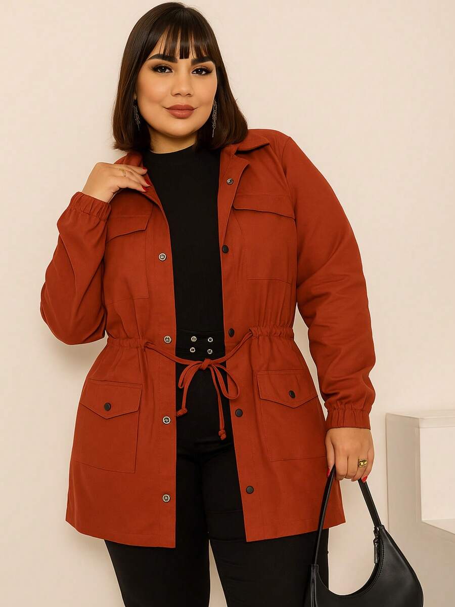 Women's Plus Size Bengaline Jacket, Plus Size Winter Overcoat, Drawstring Cuffs, Fitted Waist, Parka Style - 亮橙色 - 查看 1