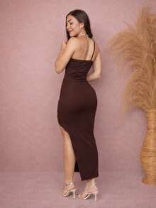 Long, Draped, Fitted Dress With A Single Strap And A Slit. - Coffee Brown - View 4