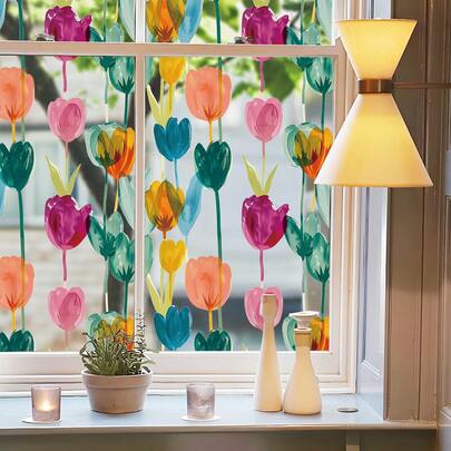 1 miếng dán cửa sổ hình hoa tulip nhiều màu sắc, họa tiết hoa màu nước, tự dính, dễ dán, trang trí cửa sổ với không gian tươi mới và rực rỡ.