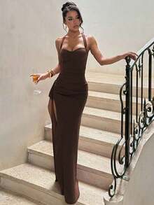 Elegant Sexy Solid Color Party Dress, Featuring Backless Design And High Asymmetric/Asymmetrical Slit Up To Thigh, Suitable For Weddings, Beach Vacations, Spring/Summer Wear - 棕色 - 查看 4