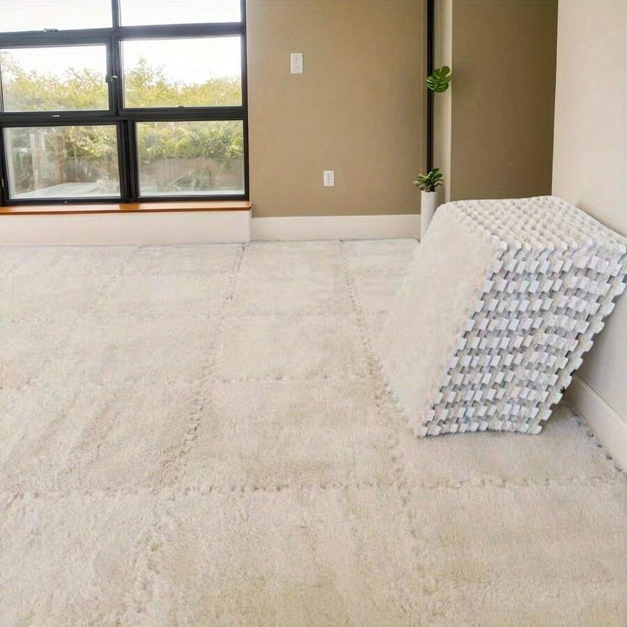 24-Piece Solid-Color Bedroom Full-Floor Carpet, Seamless Connection, Stain-Resistant, Suitable For Home Decoration, Floor Mat, Applicable To Bedroom, Living Room, Study, Indoor Decoration - Màu be - Xem 1