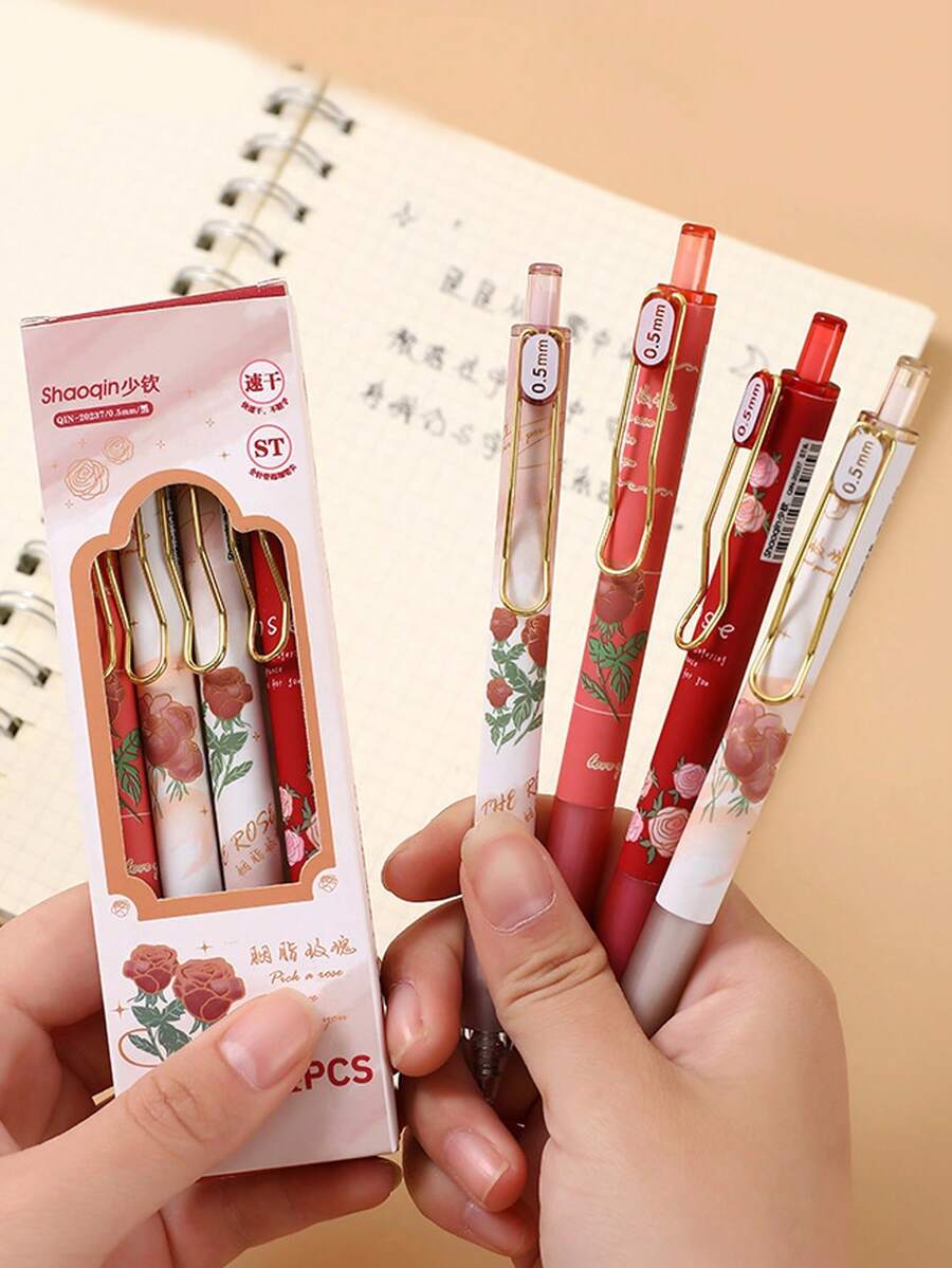 4/1 pieza Bolígrafo de tinta negra de 0,5 mm con forma de rosa y botón pulsador, lindo y hermoso, adecuado para uso de oficina y escuela de mujeres/niñas, esencial para la temporada de regreso a clases - Rosa roja - Ver 1
