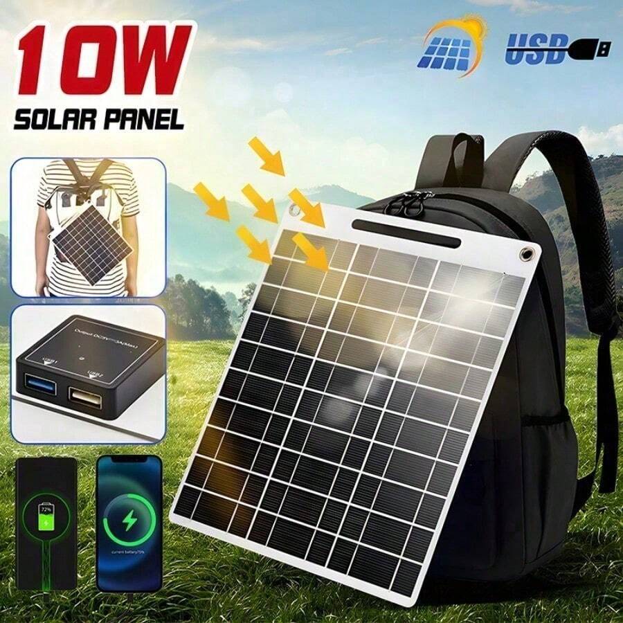 1pc Solar Panel With USB Port - Portable Solar Power Bank, Suitable For Camping, Hiking, Travel, Outdoor Use, Can Charge Smartphones, Tablets, Flashlights, Fans And More, No Battery Needed, Solar Charging Station, Solar Phone Charger, Camping Essential, Compact Design, Built-In Cable