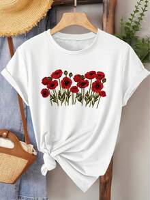 Unisex T-Shirt Made Of Pure Cotton, Elegant Women's T-Shirt With Poppy Print And Round Neck, Suitable For Spring, Summer And Autumn. A Versatile And Casual Vintage-Style Top For Fashionable Commuting, Holidays And Everyday Wear, Summer T-Shirt, Blouse, Basic Tops, Tops. - 白色 - 查看 1