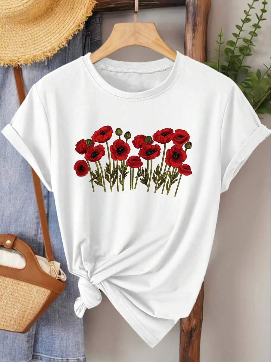 Unisex T-Shirt Made Of Pure Cotton, Elegant Women's T-Shirt With Poppy Print And Round Neck, Suitable For Spring, Summer And Autumn. A Versatile And Casual Vintage-Style Top For Fashionable Commuting, Holidays And Everyday Wear, Summer T-Shirt, Blouse, Basic Tops, Tops. - 白色 - 查看 1