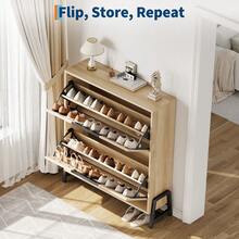 Platzsparender Schuhschrank für Flur – 2 Klappfächer, freistehend, Metallfüße, verstellbares Regal – Modernes Design – Ideal für Eingangsbereich, Diele oder Wohnzimmer - Holzfarbe - Übersicht 3