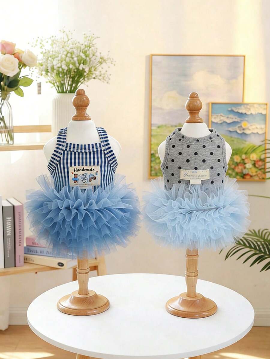 Bộ đồ liền thân cho thú cưng dễ thương với họa tiết sọc/trái tim, váy voan mềm mại, dành cho chó nhỏ/vừa, trang phục thú cưng thủ công đáng yêu. - Nhiều màu - Xem 1
