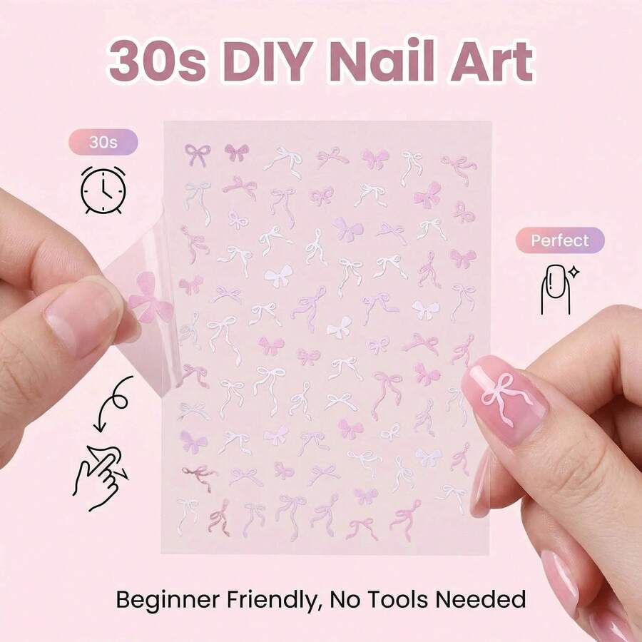 5D Embossed Ribbon Bow Nail Stickers, Sweet Girl Ballet Style Nail Stickers, Self-Adhesive 3D Nail Art Decorations, Multi-Color Ribbon Bow Nail Stickers, 5D Embossed, Sweet Girl, Y2K Nail DIY Supplies - Multicolor - View 1