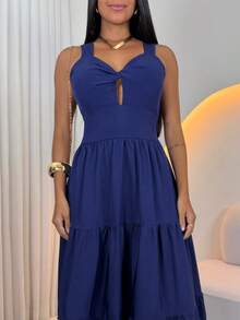 Women's Long Dress With Butterfly Knot - Navy Blue - View 2