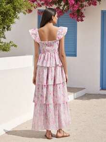 Women's Floral Dress Stylish Multi-Layered Ruffles Split Cap Sleeve Long A-Line Dress For Spring Summer - Pink - View 9