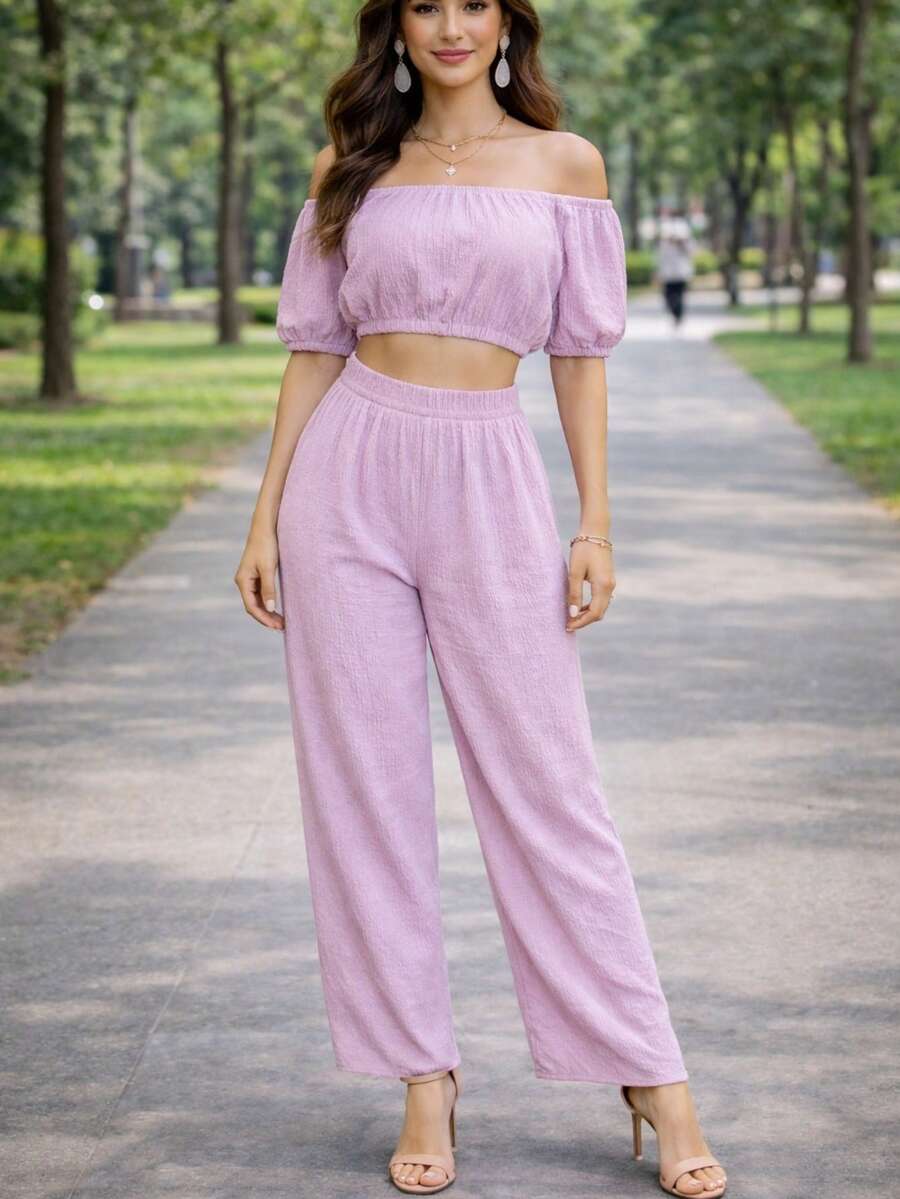 Set de dos piezas Ligero delgado Pantalón y blusa ombliguera de moda para mujer casual de uso diario de moda top corto unicolor para vacaciones - Lila Púrpura - Ver 1