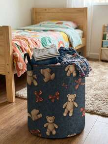 1pc Cartoon Bear Print Foldable Large Capacity Round Storage Basket With Handle, Multi-Purpose Storage Bin For Nursery, Baby Diaper, Clothes, Toys Organization - Multicolor - View 15