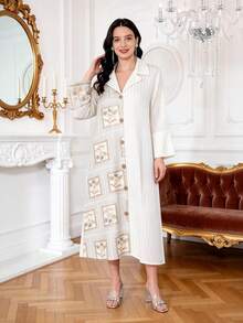 Đầm bạc thêu đính cườm thanh lịch kiểu mới 2026, đầm thời trang xuân hè dành cho nữ, đầm tay dài cổ cài cúc phía trước kiểu JALABIA, mang đến không khí lãng mạn nhẹ nhàng cho lễ Phục Sinh, trang phục truyền thống Ramadan. - trắng - Xem 2