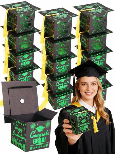 10 chiếc/1 chiếc/Hộp kẹo chúc mừng tốt nghiệp! Hộp hình mũ tốt nghiệp tự làm có tua rua, hoàn hảo cho quà tặng tốt nghiệp, trang trí tiệc và vật trang trí trung tâm cho bàn tiệc tốt nghiệp (Màu đen, xanh lá cây và vàng).