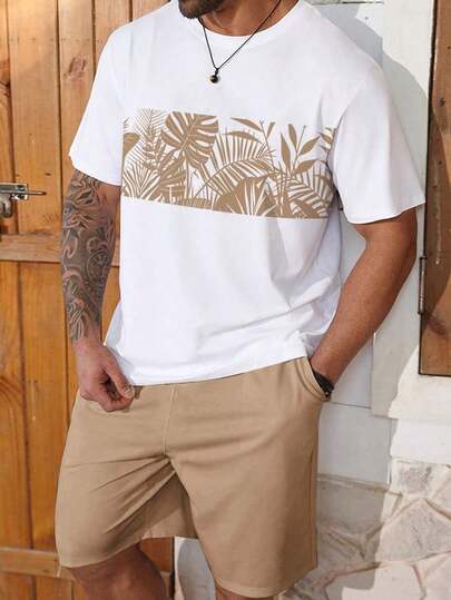 Manfinity Homme, Conjunto de Camiseta de Manga Corta y Pantalones Cortos con Estampado de Plantas para Hombre, Tallas Grandes, Ropa Cómoda