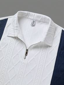 Men's Fashion Casual Polo Shirt, Textured Fabric, Colorblock Collar & Zipper Design, Short Sleeve, Suitable For Spring & Summer Outdoor - White - View 5