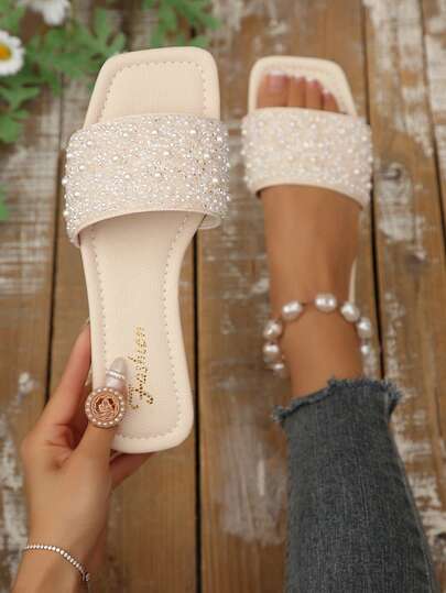 New Arrival Plus Size Luxury Anti-Slip Square Toe Mule Slippers With Rhinestone & Pearl Decor, Fashionable & Versatile, Suitable For Beach & Vacation