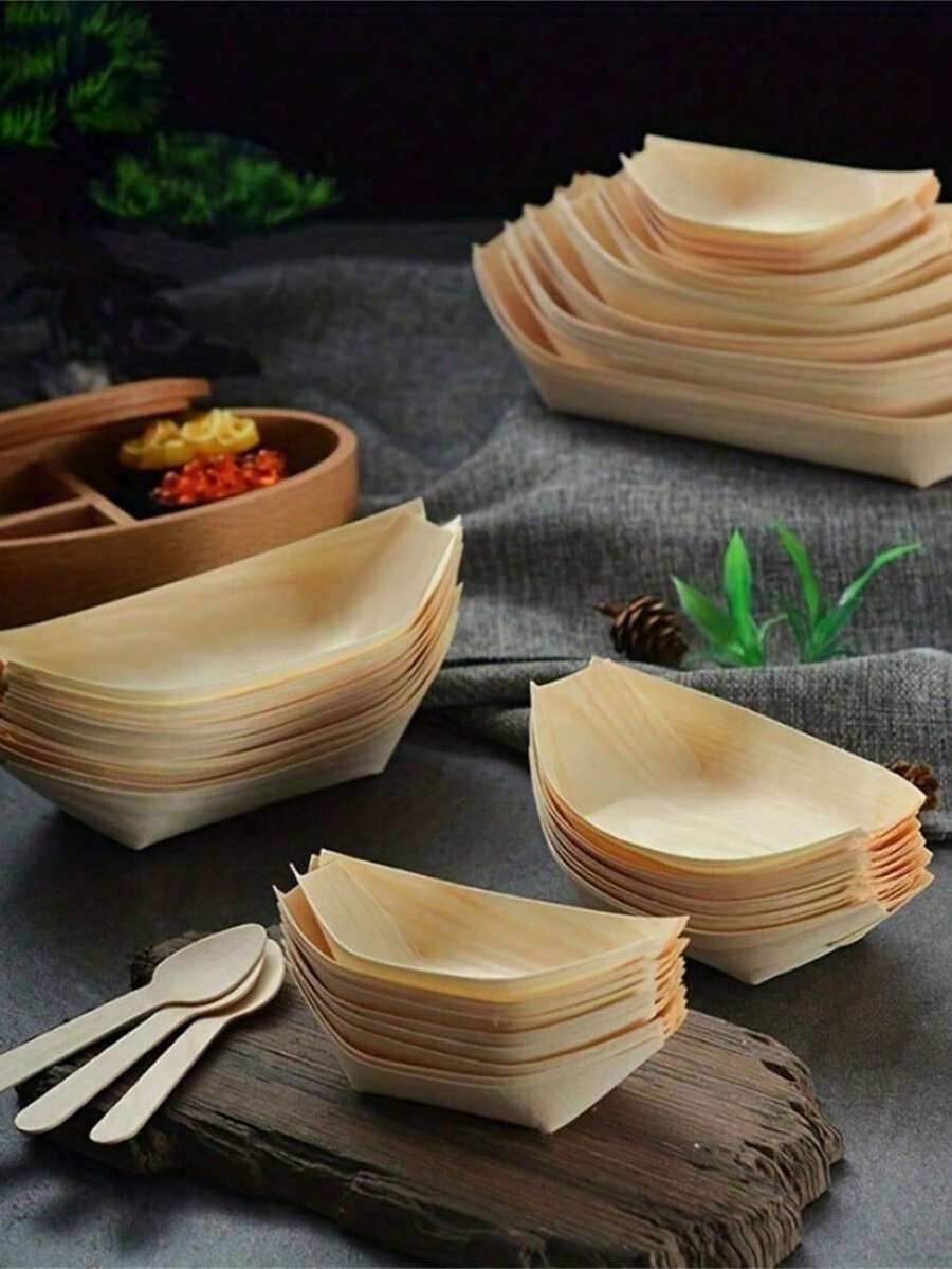 50个一次性木制船形托盘，一次性木制餐具碗碟，迷你食物盘，叶子寿司托盘，木碗，高品质派对开胃菜盘，餐具，适用于开胃菜、寿司、甜点、自助餐