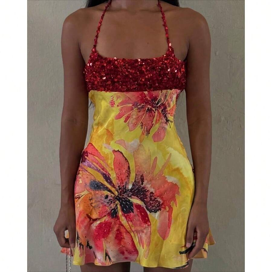 Chic Women's Sleeveless Mini Dress, Featuring Red Sequin Bodice, Spaghetti Straps, And A Flowy Floral Skirt In A Boho Fit And Flare Cut - 紅色 - 查看 1