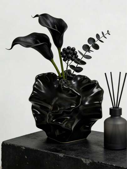 1Pc Glossy Black Ruffled Edge Art Vase, Irregular Petal Shape Nordic Modern Minimalist Resin Flower Vase, Home Decor Ornament For Living Room Entrance Desktop, Housewarming & Birthday Gift