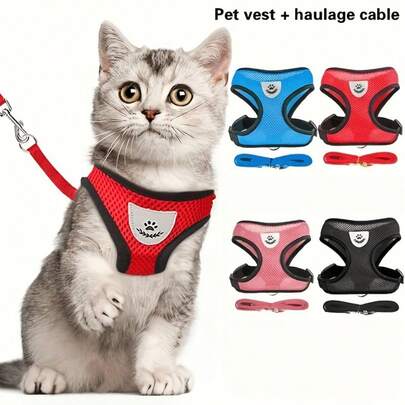 1pc/2pcs Pet Dog Cat Mesh Leash Set, Outdoor Harness Style Anti-Escape Leash, Outdoor Leash And Foldable Feeding Bowl Set, Worry-Free Travel