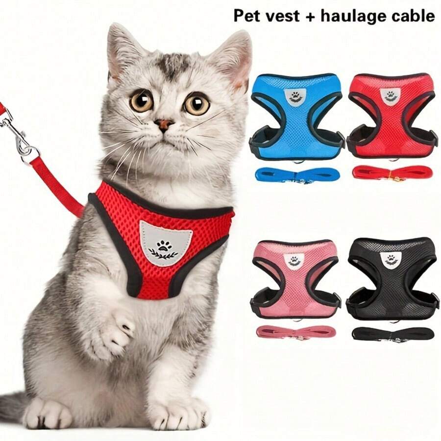 1件/2件装宠物猫狗网状牵引绳套装，户外胸背带式防逃脱牵引绳，户外牵引绳和可折叠喂食碗套装，让您出行无忧 - 彩色 - 查看 1