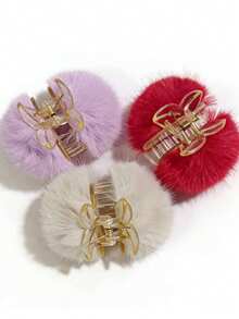3 pièces/set Élégants clips à cheveux en fausse fourrure acrylique de couleur unie avec pompon, accessoires en tissu doux convenant pour le port quotidien, tenues de printemps/automne/hiver/été, pinces à cheveux de plage - Multicolore - Voir 12