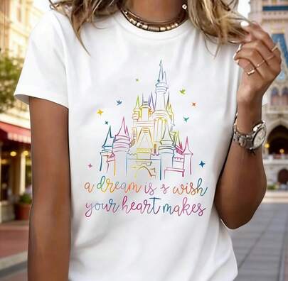 Dreamy Fairy Tale Castle Print Women's T-Shirt - Fashionable  Design Featuring Colorful Princess And Fireworks Patterns - Soft Cotton, Suitable For Casual Everyday Wear - An Ideal Gift For Dreamers And Adventurers, Mens Clothes,Graphic Tees Men,Graphic Tees Women,Mens Clothes,Graphic Tee,Cool Tee,Men,Ropa De Hombre,Funny Shirts,Summer Tops,Summer,Vacation Outfits,Summer Tops SMJW