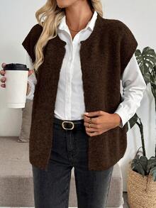 Women's Casual Loose Solid Color Fuzzy Sleeveless Cardigan Knit Sweater, Autumn/Winter - Chocolate Brown - View 3