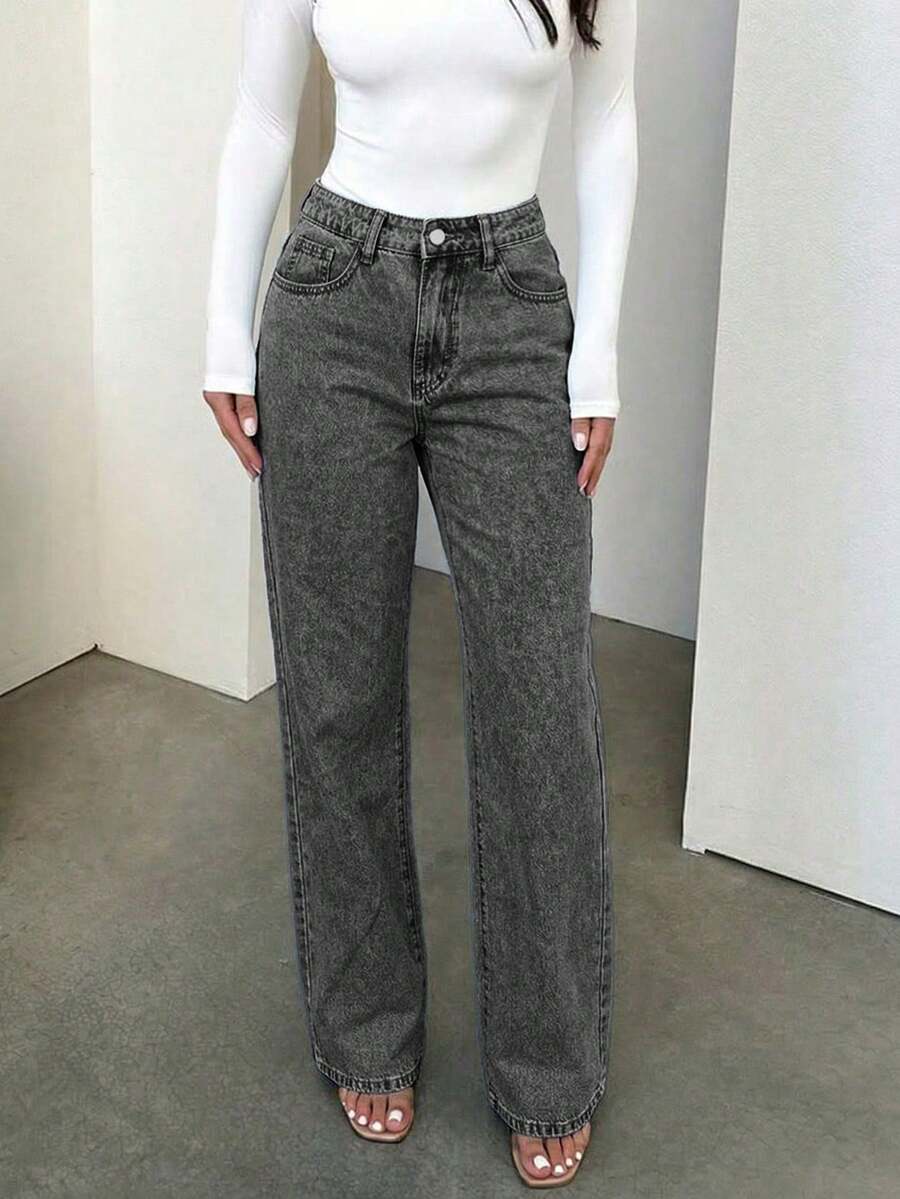 Quần jeans nữ dáng suông rộng, tối giản, cạp chun, phong cách retro. - Màu Xám nhạt - Xem 1