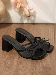 Sandalias de tacón cuadrado y abierto para mujer, con tacón grueso y bloque, cómodas y casuales para fiestas - Negro - Ver 4