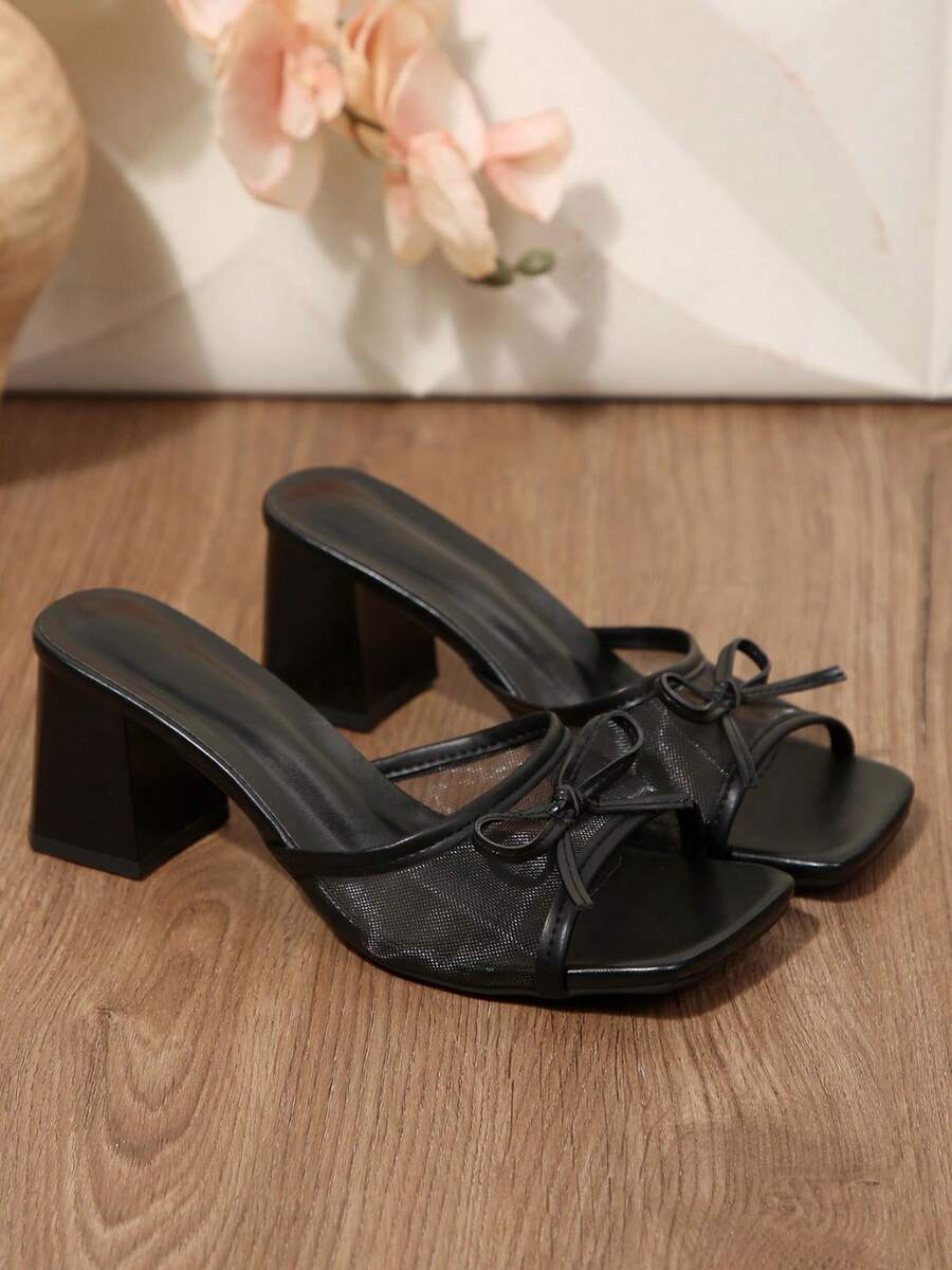 Women's Open Square Toe Sandals Bow Mesh Mules Womens Heeled Sandals Heels Comfortable Dress Shoes Party Wedding - màu đen - Xem 1