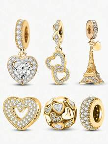 1pc Fashionable Heart & Eiffel Tower Beaded Pendant, Suitable For Women Bracelet, Bangle DIY Jewelry Making And Daily Outfit Matching - Gold - View 12