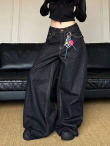 1 pieza Jeans de pierna ancha y corte holgado de estilo retro en color negro para mujer, pantalones vaqueros cómodos y versátiles de estilo callejero americano (cinturón/accesorios no incluidos) Primavera - Negro - Ver 1