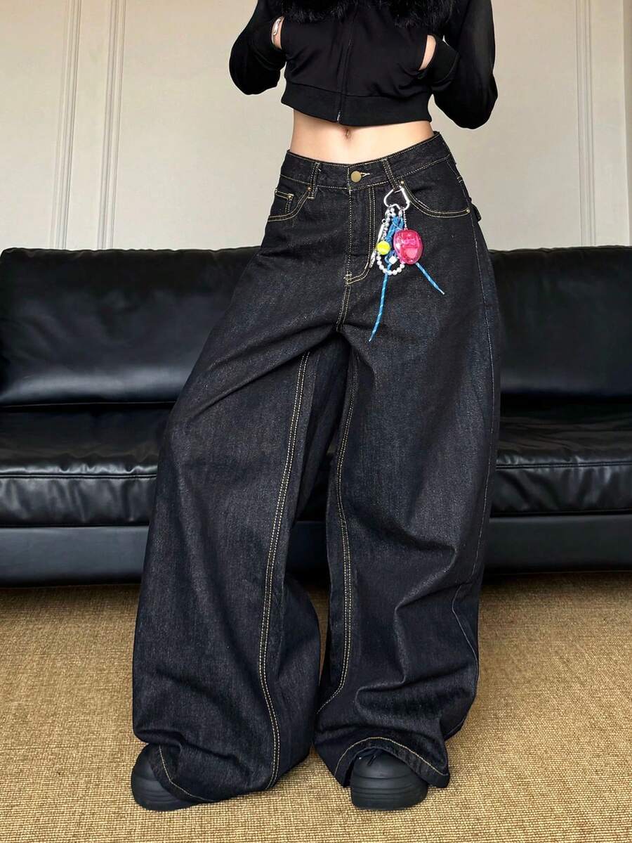 1 pieza Jeans de pierna ancha y corte holgado de estilo retro en color negro para mujer, pantalones vaqueros cómodos y versátiles de estilo callejero americano (cinturón/accesorios no incluidos) Primavera - Negro - Ver 1