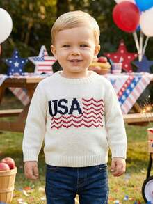 Baby Girl Boy 4th Of July Outfit Kids Sweater, Long Sleeve Crew Neck Letters Warm Winter Sweater Clothing For Girls Boys - trắng - Xem 2