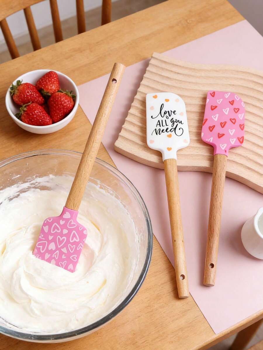 1 pieza Espátula de silicona con mango de madera, diseño con estampado, resistente al calor para hornear, decorada con lazo de satén rosa, adecuada para hornear, cocinar y saltear - Multicolor - Ver 1