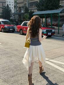 Chân váy chữ A bất đối xứng màu trắng, thiết kế mới mùa Xuân/Hè, phối ren móc, vạt xòe. - Màu be - Xem 9