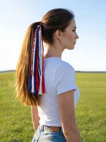 2pcs/1pc Patriotic Red White Blue Elastic Hair Ties With Tassels, Suitable For July 4th, Memorial Day, Independence Day And Holiday Parties, Women's Hair Accessories, DIY Holiday Crazy Party Braids, Red White Blue Hair Accessories Ponytail Tie Decoration, Memorial Day Independence Day Women Girls Gift - Multicolor - View 11