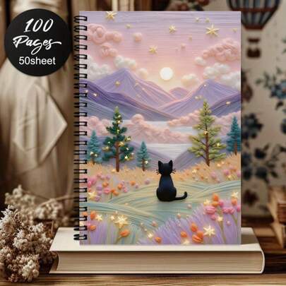 1pc A5 Size Black Cat & Dreamscape Theme Spiral Notebook, 50 Sheets (100 Pages), 8mm Ruled Lines, Lay-Flat Double Wire Binding, Smooth Writing. Featuring Nature Healing, Gentle Companionship, And Dreamy Relaxation Themes, Suitable For Classroom Notes, Office Records, Diaries, Journals, Travel Logs, Etc. A Perfect Gift For Family And Friends On Occasions Like Easter, Halloween, Mother's Day, Christmas, And More.