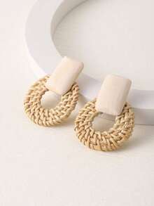 1pair Boho Rattan Geometric Design Earrings For Women For Daily Decoration - Coffee - 查看 4