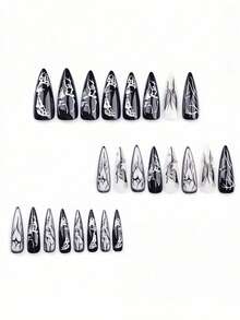 24 pezzi Unghie finte retrò in argento con motivo a goccia d'acqua 3D e farfalla nera, adatte per viaggi, feste, uso quotidiano, festival, unghie a punta multiuso + 1 pezzo di gel per unghie + 1 lima per unghie - nero - Visualizzare 2