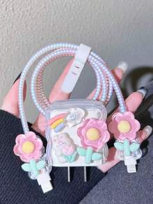 5pcs Set, Compatible With Apple 18W/20W Original Charging Cable Protective Case, Transparent Floral Design, Rabbit Protective Cover, Includes Strap, Ideal Small Gift, Convenient Storage - Multicolor - View 5