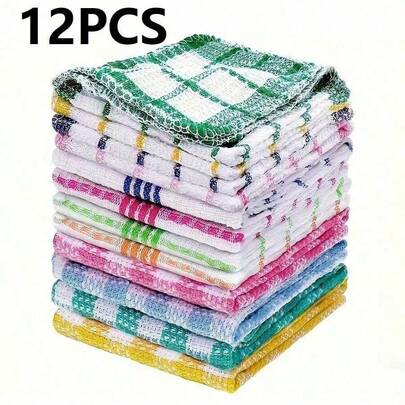 12条格子图案洗碗布 - 速干吸水厨房毛巾，适用于手洗；方形太空主题洗碗布，适用于客厅清洁和擦干，无需用电