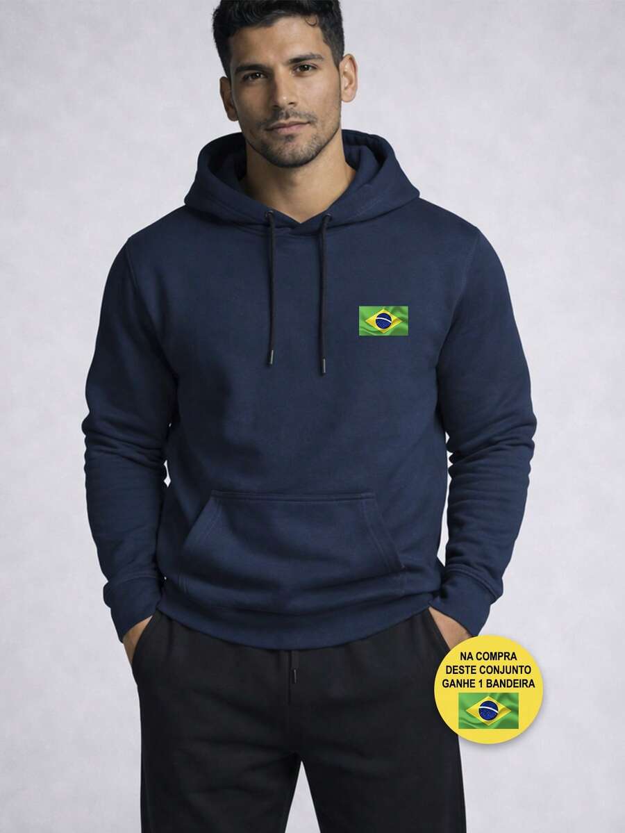 Men's Casual Hoodie And Slim Fit Jogger Pants Set, Brazilian Flag Print, Comfortable Sportswear For Winter, Modern Streetwear, Urban Men's Look, Soft And Breathable Fabric + FREE BRAZILIAN FLAG GIFT - 藏蓝色 - 查看 1